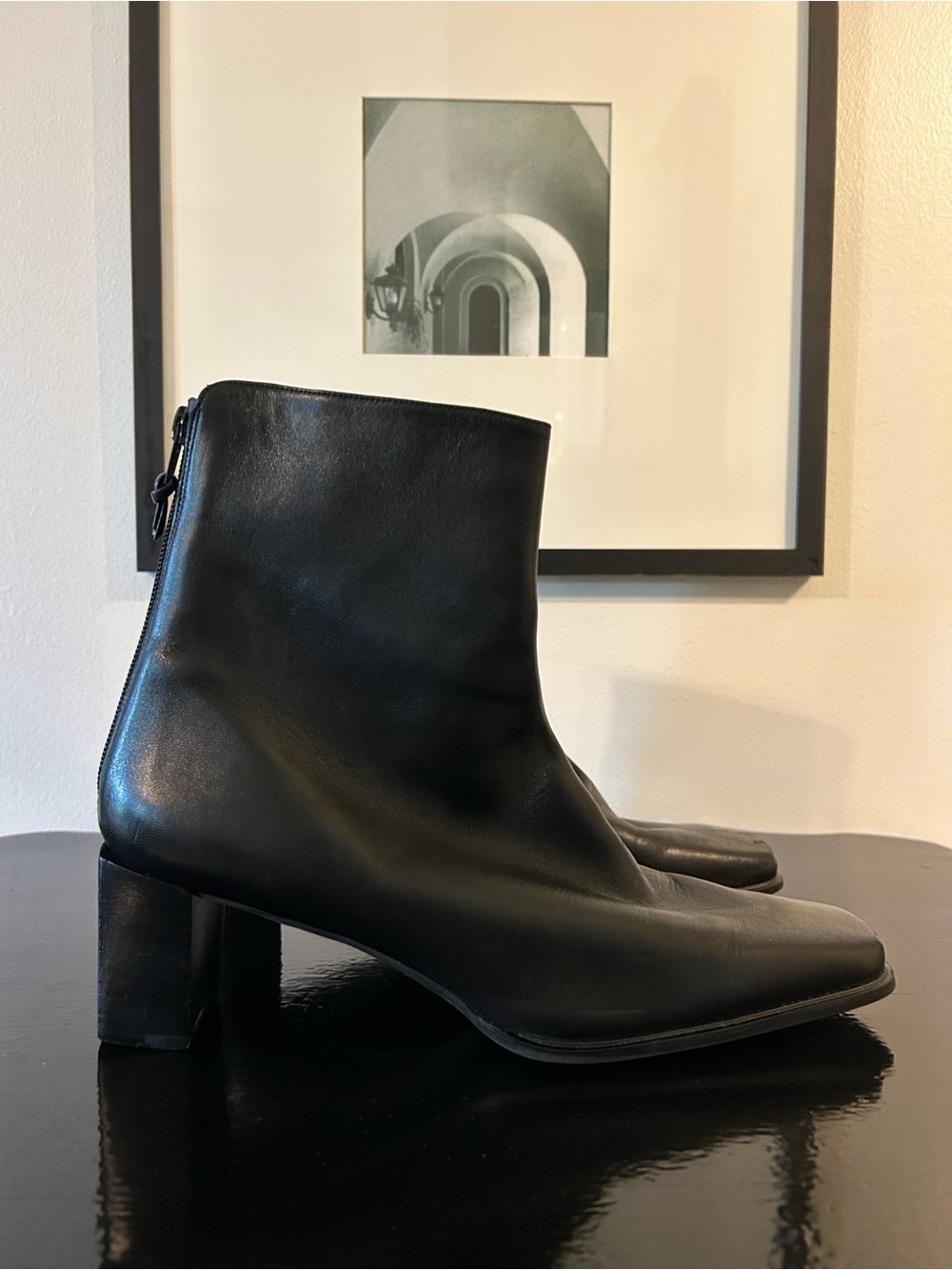 Stuart Wheitzman Sleek Black Square-Toe Ankle Boots Size 11 - Picture 5 of 13